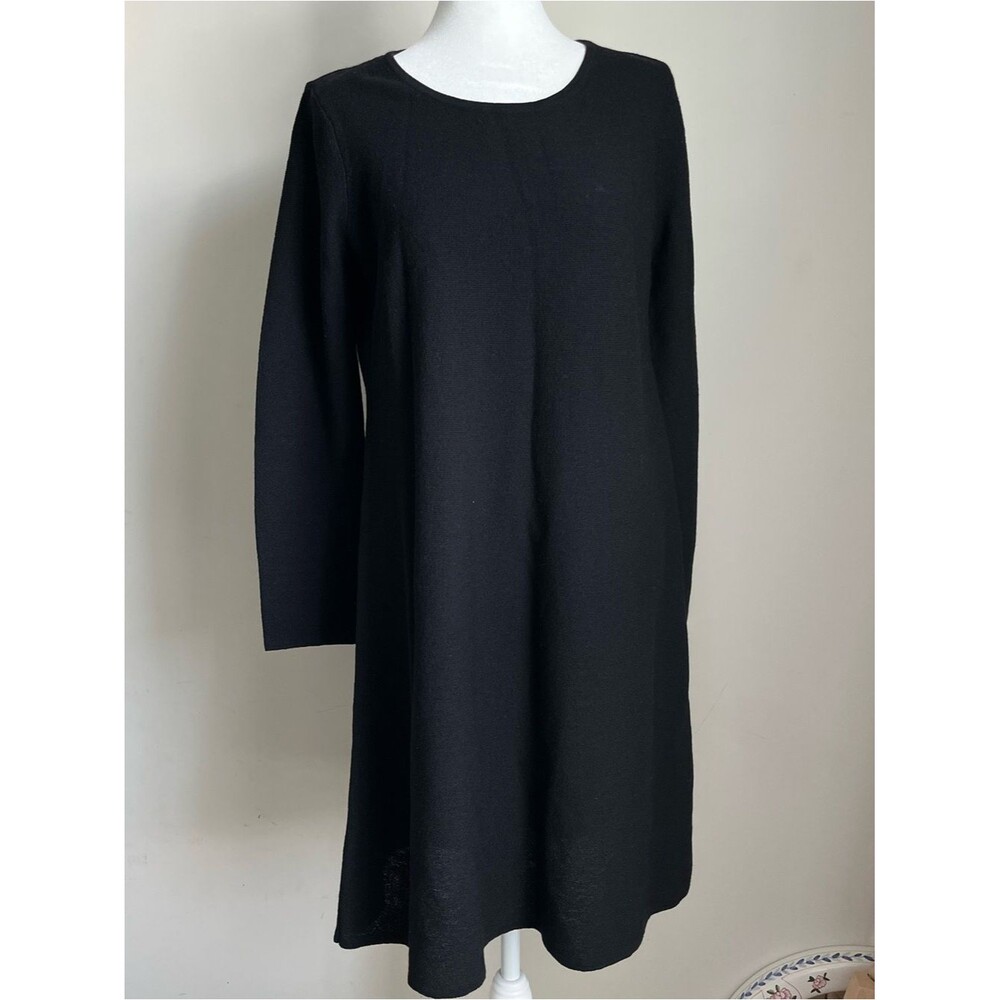 NWT Eileen Fisher Women XS Black A line Knit Merino Wool Dress LBD Fall Full